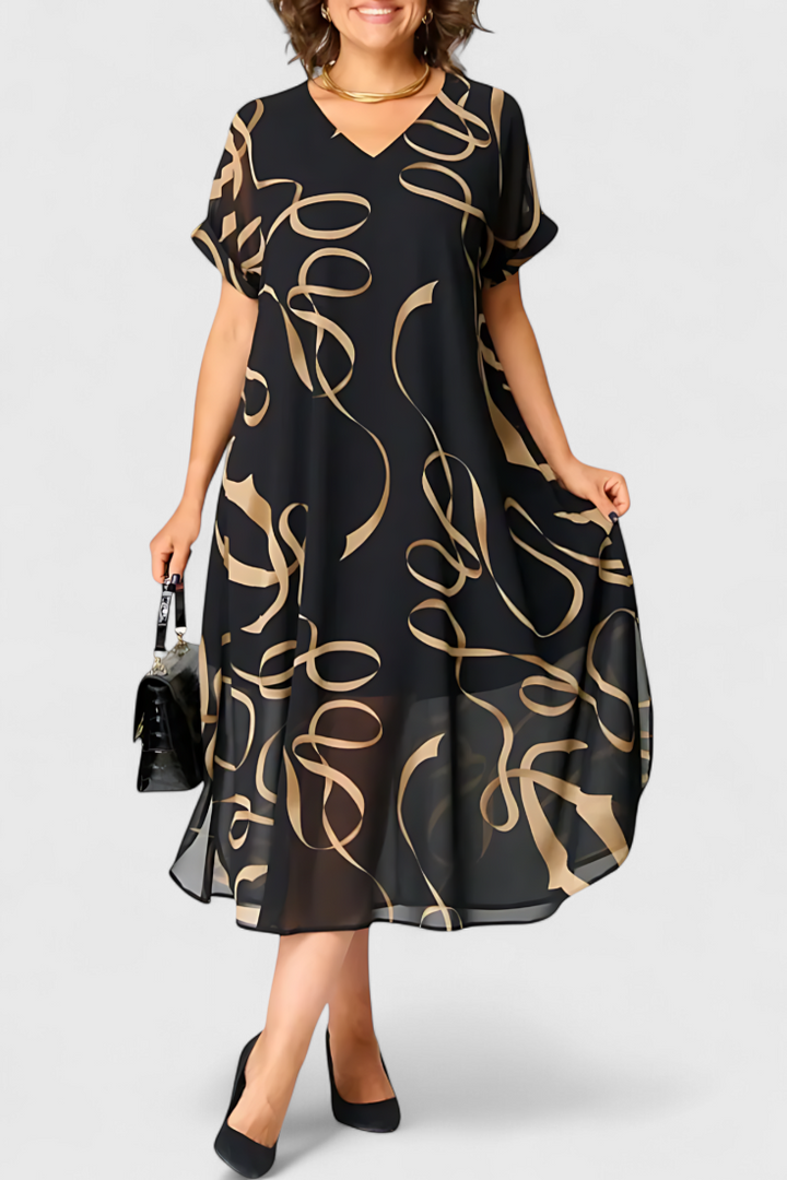 Jillian Vestido Caftán Negro con Estampado Abstracto en Oro y Escote en V