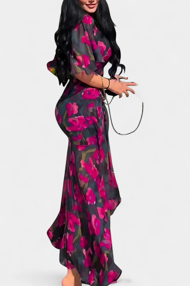 Sima Vestido Cruzado Estampado con Escote en V y Mangas Acampanadas