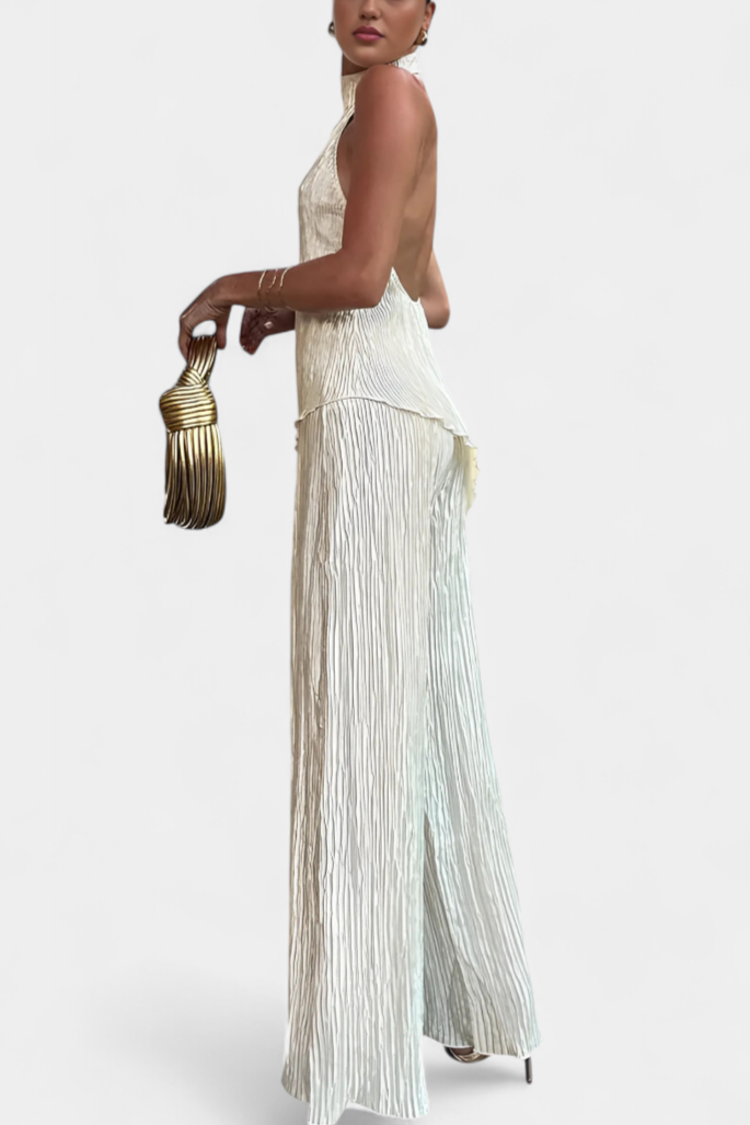 Pilarica Conjunto Plisado con Top Asimétrico Halter y Pantalón Fluido