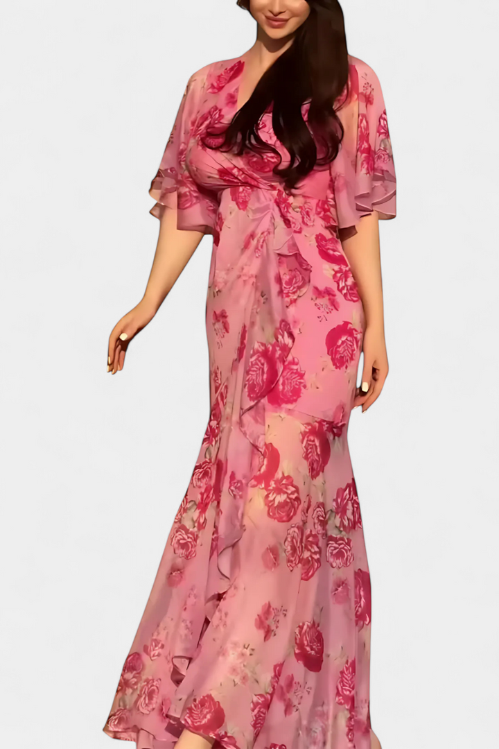 Sima Vestido Cruzado Estampado con Escote en V y Mangas Acampanadas