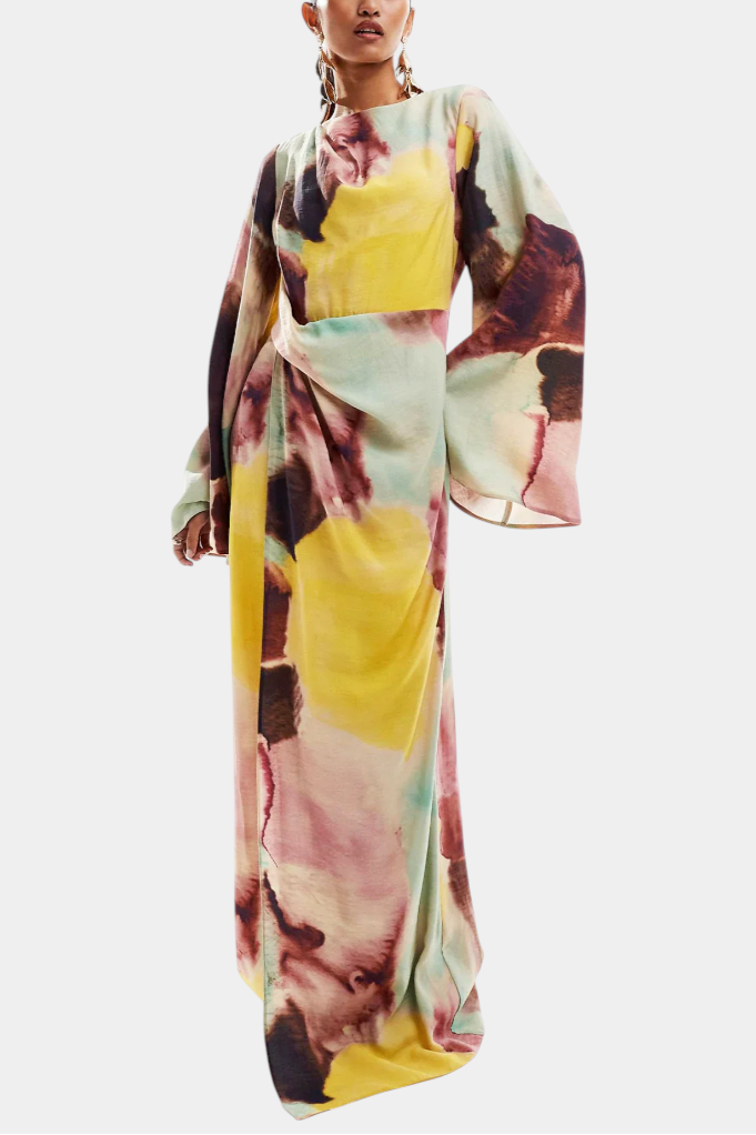Vestido largo Dana con estampado de acuarela y parte delantera torcida