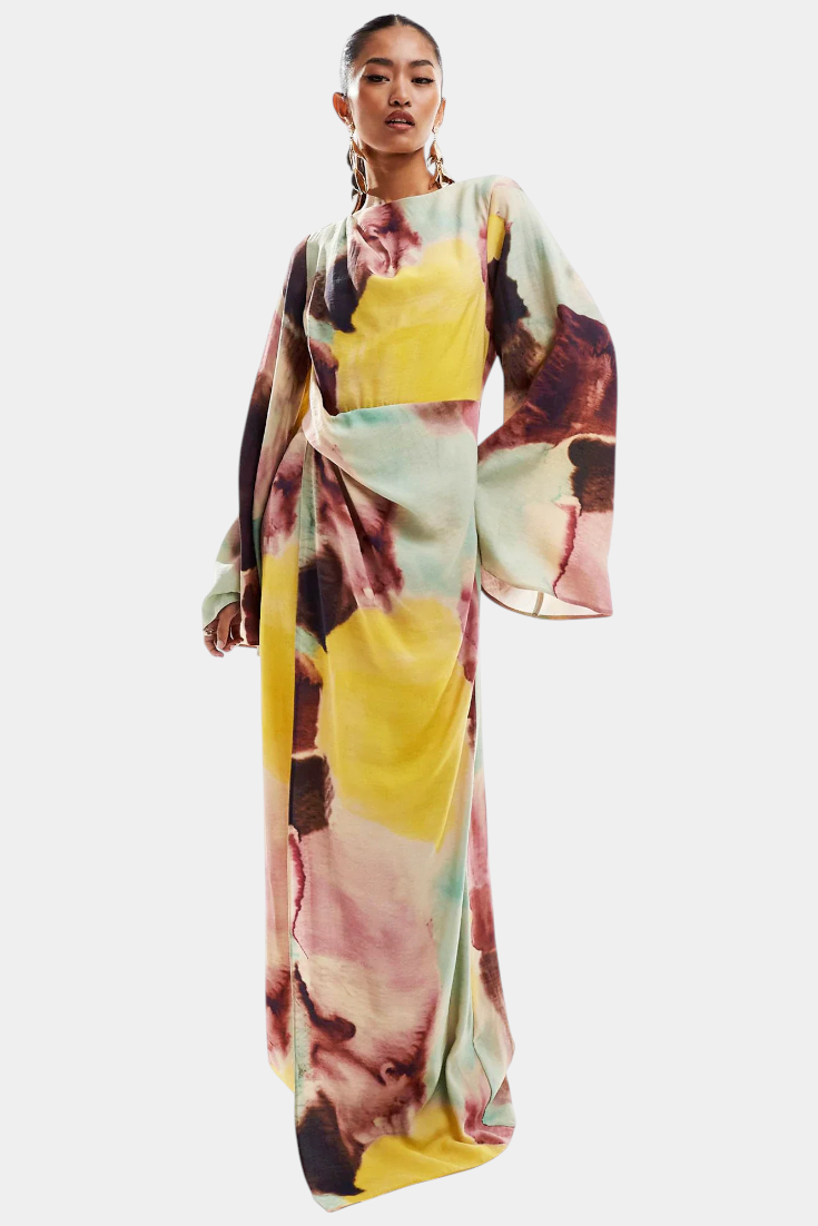 Vestido largo Dana con estampado de acuarela y parte delantera torcida