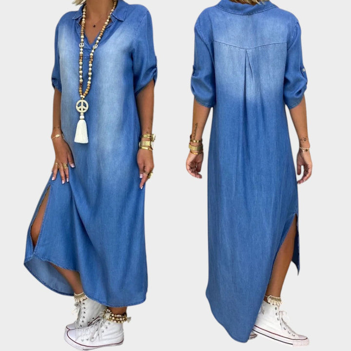 Lea™ | Vestido largo denim con abertura lateral