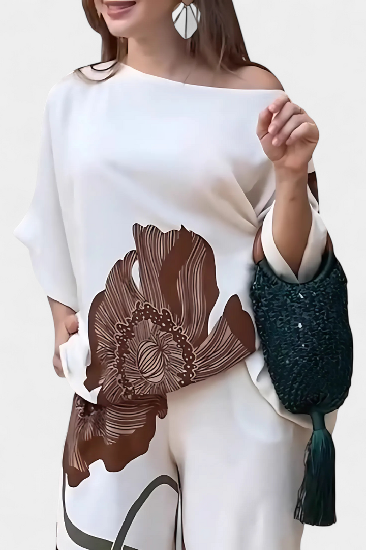 Sybella Conjunto Floral de Dos Piezas con Hombro Descubierto y Pantalón Recto