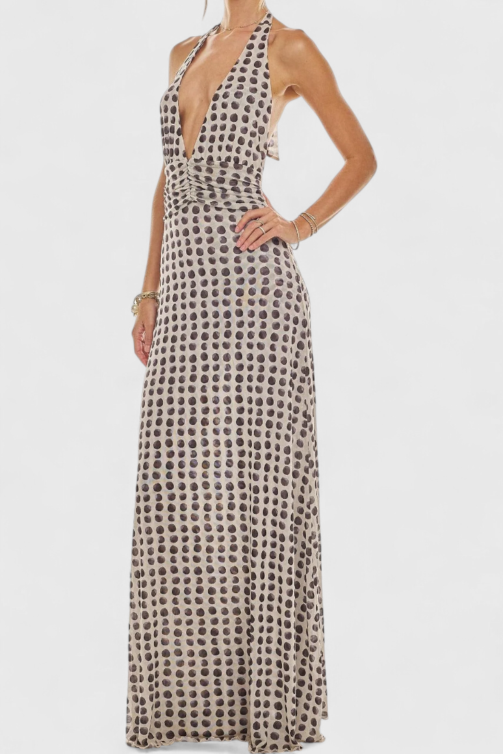 Melodía Vestido Maxi de Lunares con Escote Halter y Cintura Fruncida