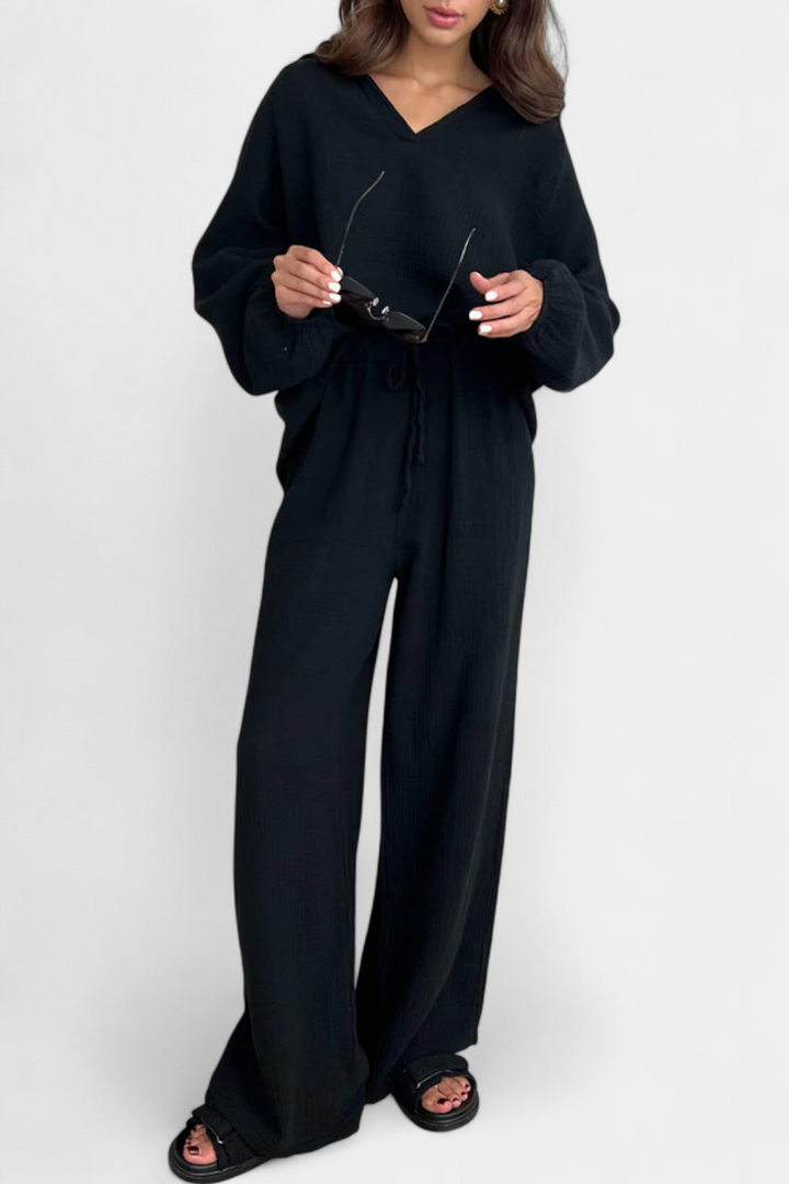 Aya Conjunto de Dos Piezas de Algodón con Escote en V