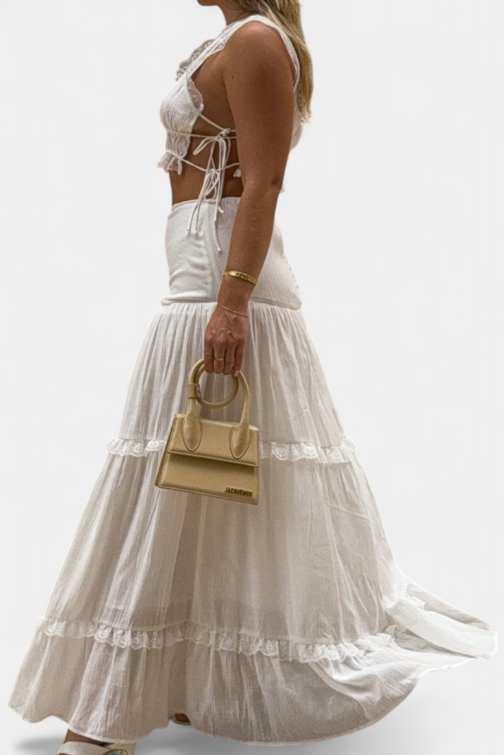 Ilys Conjunto Romántico de Top con Encaje y Falda Larga Voluminosa