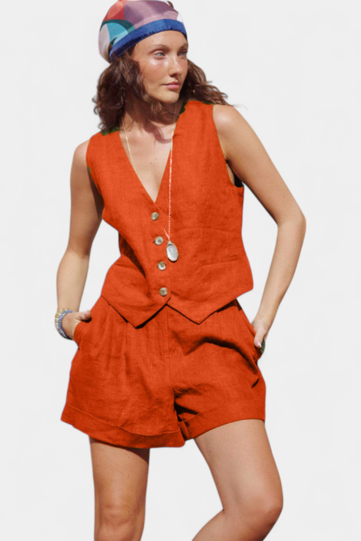 Jennifer Conjunto Chaleco y Pantalones Cortos de Lino Algodón