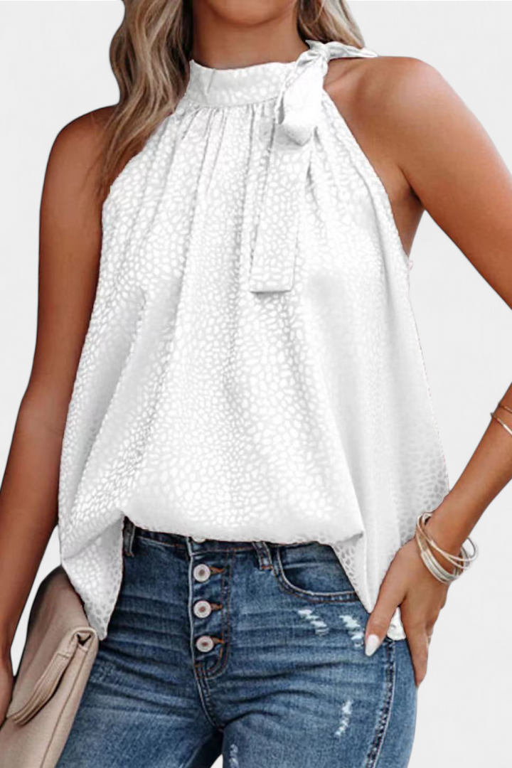 Adela | Top sin Mangas de Leopardo con Cuello Alto y Lazo