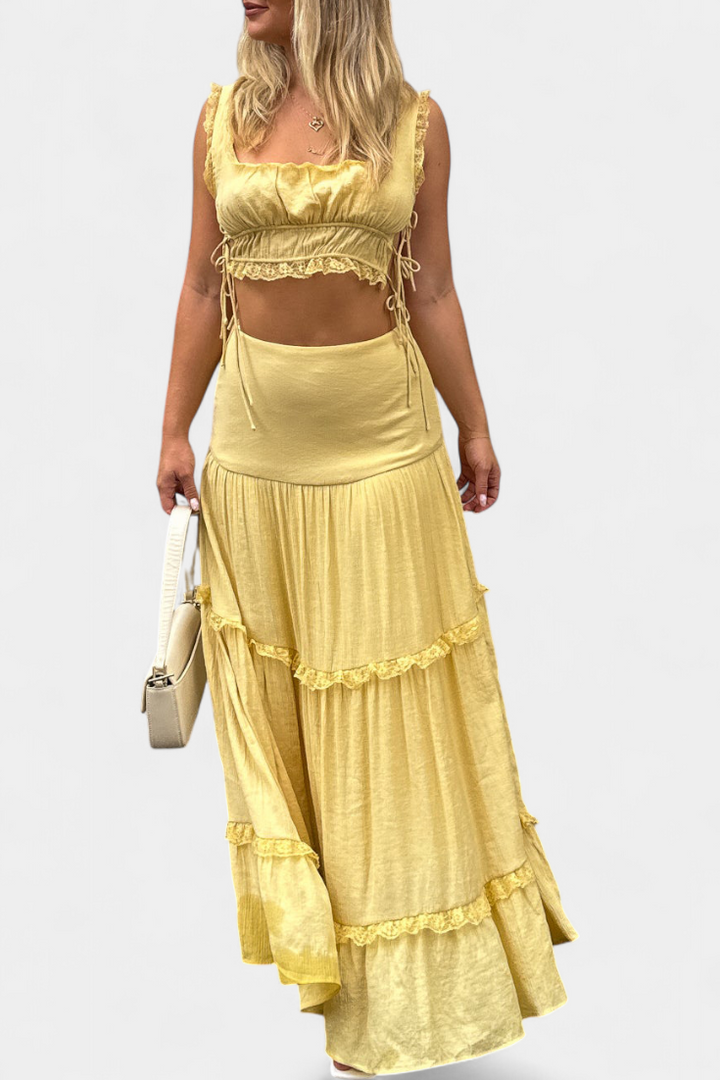 Ilys Conjunto Romántico de Top con Encaje y Falda Larga Voluminosa