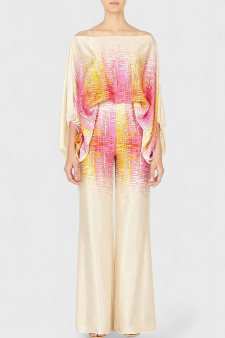 Sybella Conjunto de Dos Piezas con Hombros Descubiertos y Pantalones Amplios Estampados