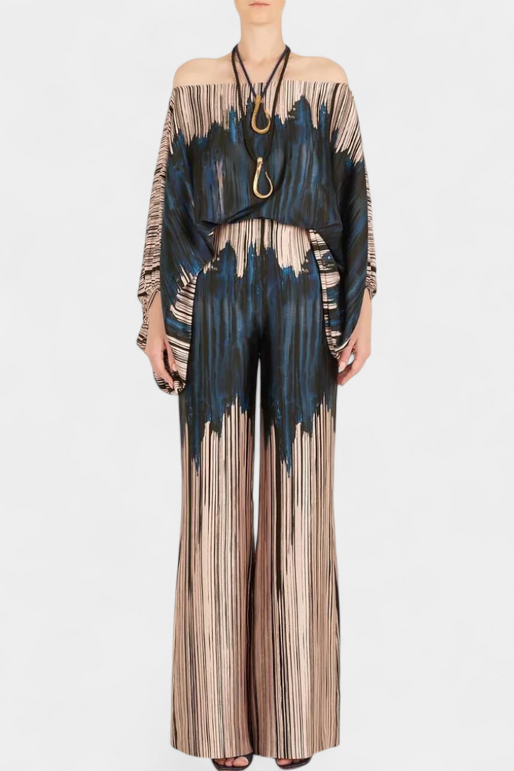 Sybella Conjunto de Dos Piezas con Hombros Descubiertos y Pantalones Amplios Estampados