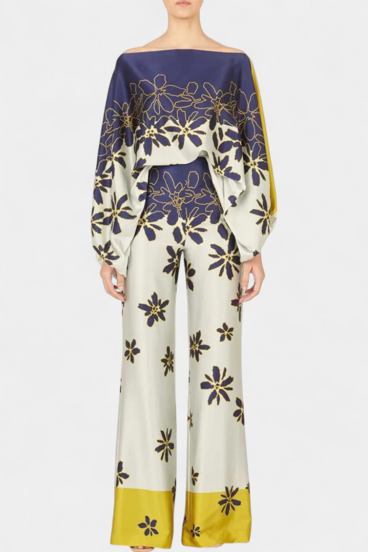 Sybella Conjunto de Dos Piezas con Hombros Descubiertos y Pantalones Amplios Estampados