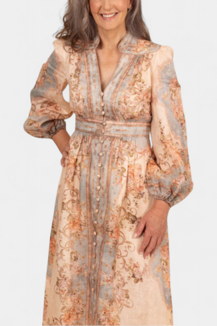 Dorotila Vestido Maxi Acampanado con Estampado Floral, Botones y Mangas Globo