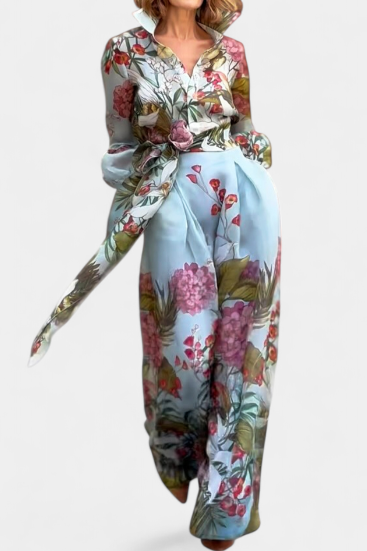 Sanne Conjunto Elegante Estampado de Camisa y Pantalón Fluido