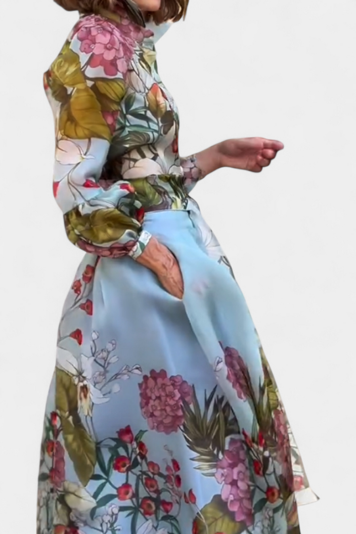 Sanne Conjunto Elegante Estampado de Camisa y Pantalón Fluido