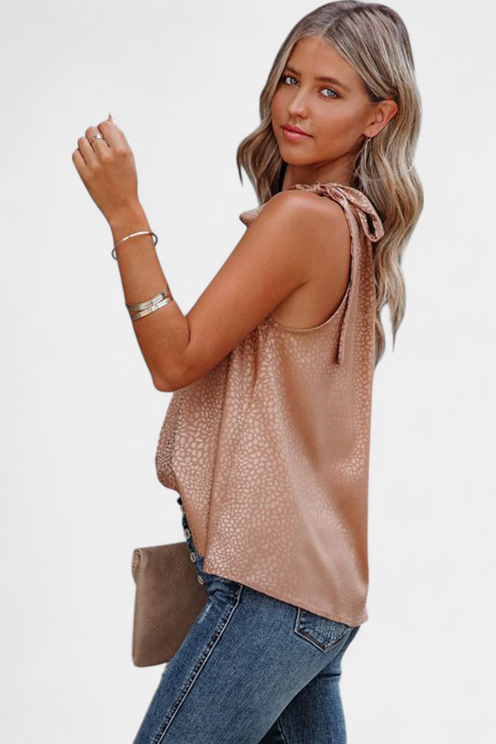 Adela | Top sin Mangas de Leopardo con Cuello Alto y Lazo