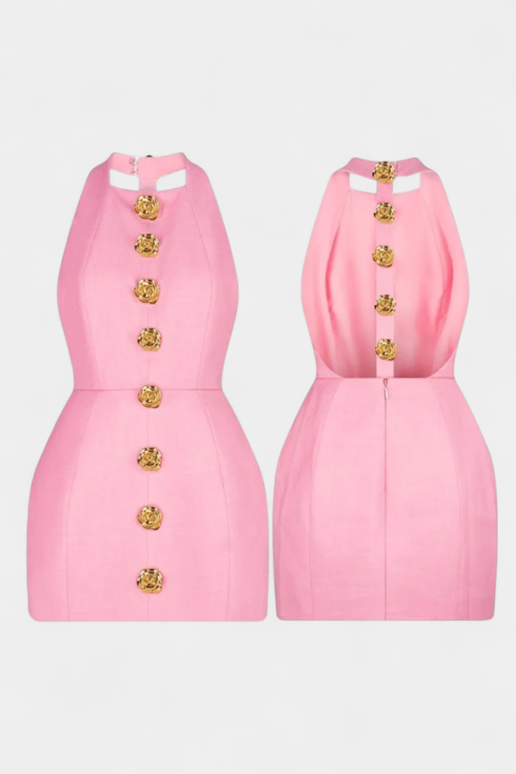 Yvonne Vestido Mini Escote Halter con Espalda Abierta y Detalle Floral