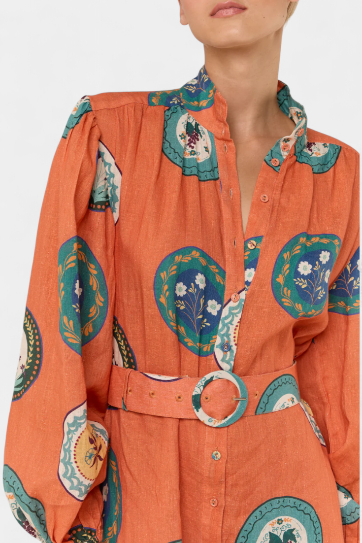 Sibley Maxi Dress de Lino con Estampado Exclusivo y Cinturón