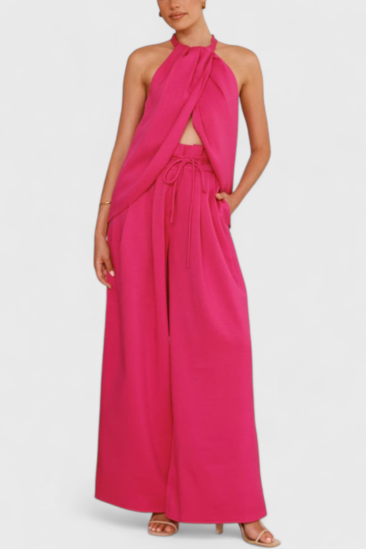 Bernadina Conjunto de Lino con Top de Abertura Frontal y Pantalón de Pierna Ancha