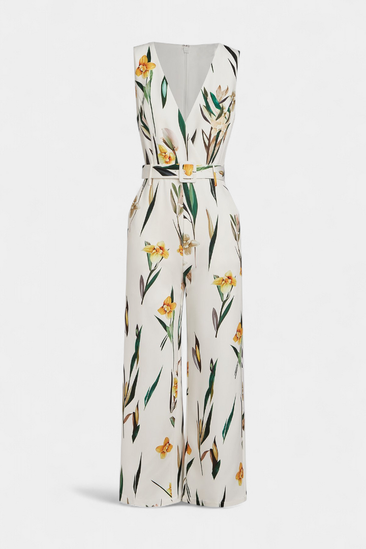 Slara Mono Largo de Vacaciones con Escote en V y Cinturón Ajustable