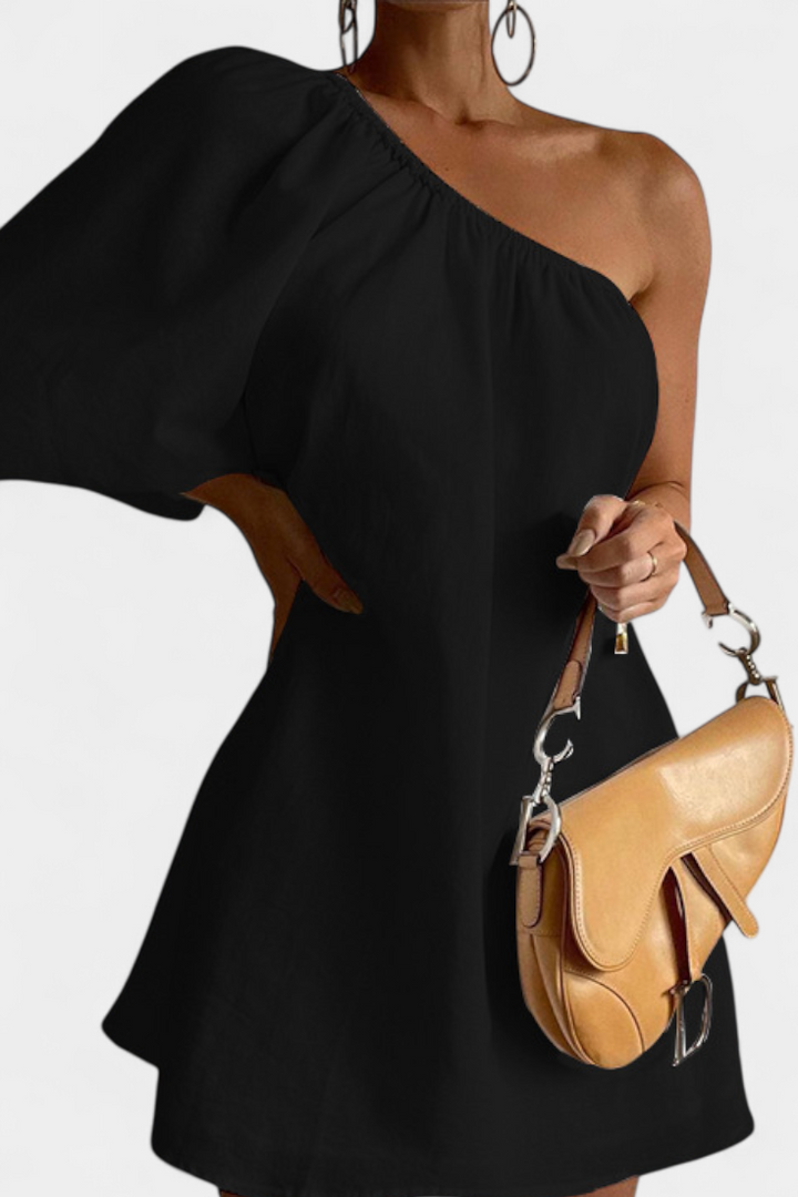 Lupe Vestido Asimétrico de Algodón y Lino con Hombro Descubierto