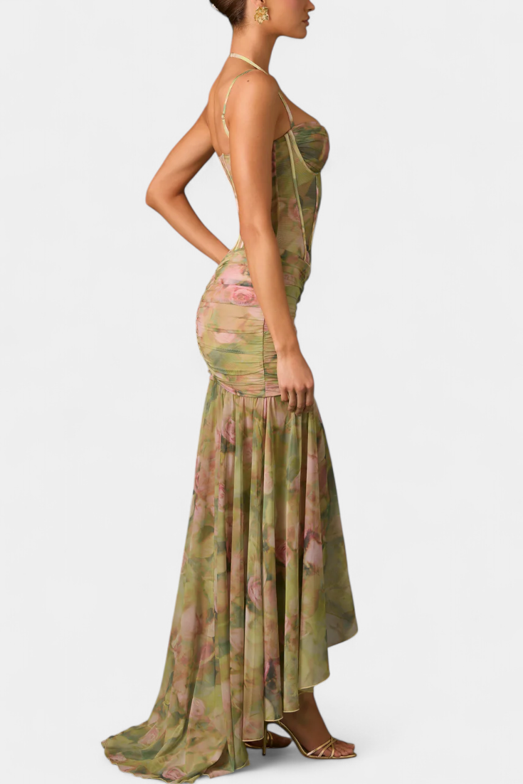 Isamar Vestido Floral Asimétrico de Cuerpo Ajustado con Cola