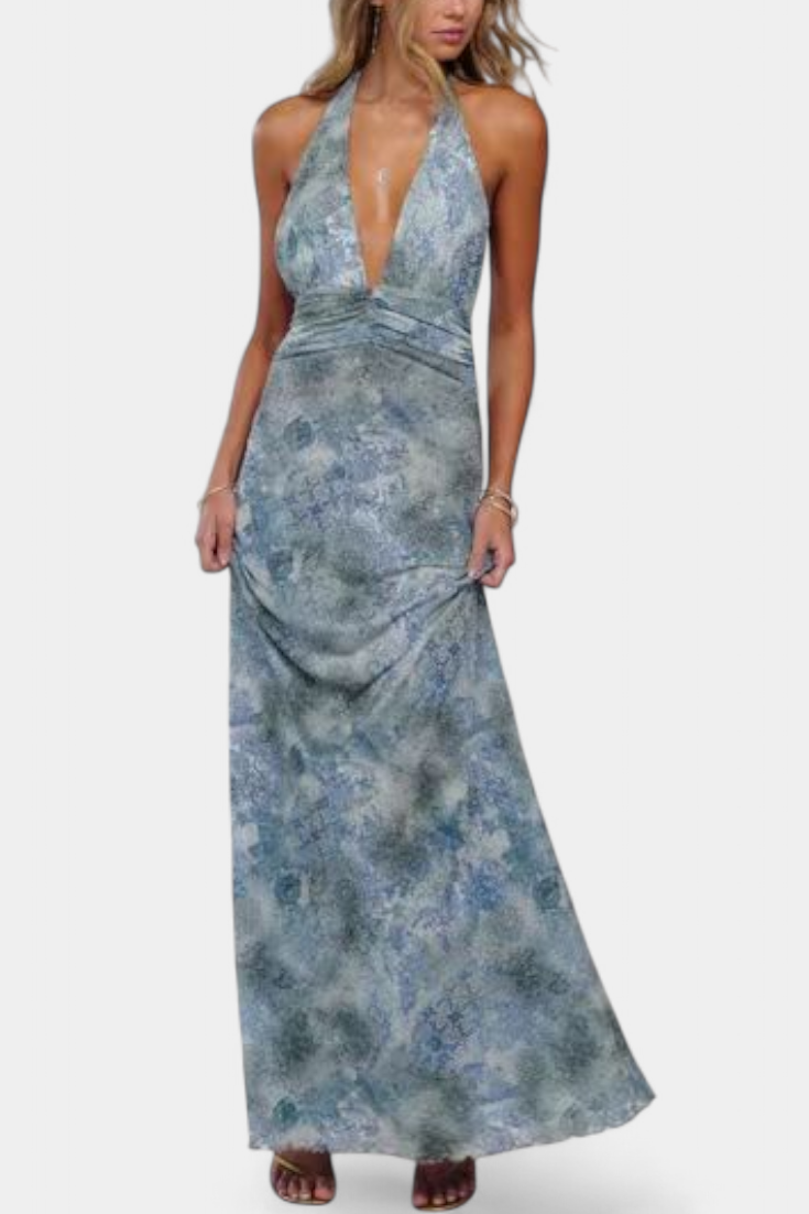 Melodía Vestido Maxi de Lunares con Escote Halter y Cintura Fruncida