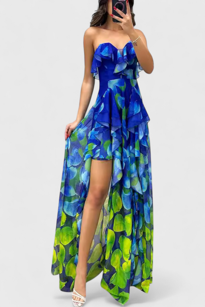 Andy Vestido Maxi Sin Mangas con Capas de Volantes y Abertura Gradiente