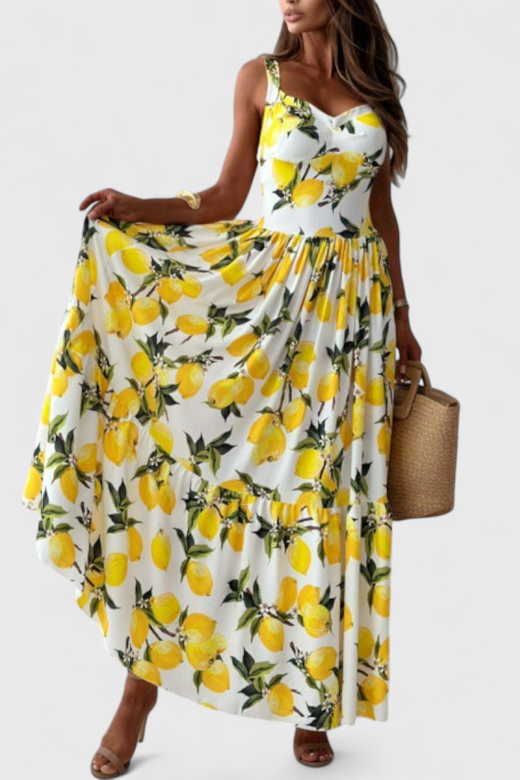 Huda Vestido Maxi Estampado de Limones con Tirantes y Abertura Lateral