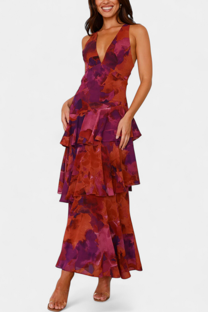 Domenica Vestido de Gasa con Escote en V y Capas Fluidas