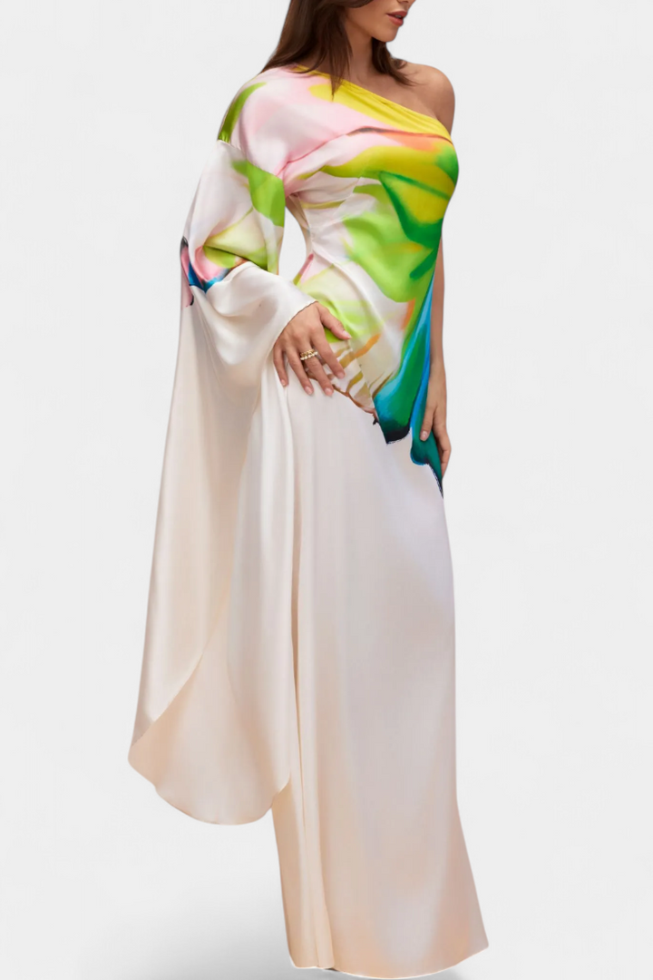 Beryl Vestido Largo Asimétrico de Una Sola Manga con Estampado Moderno