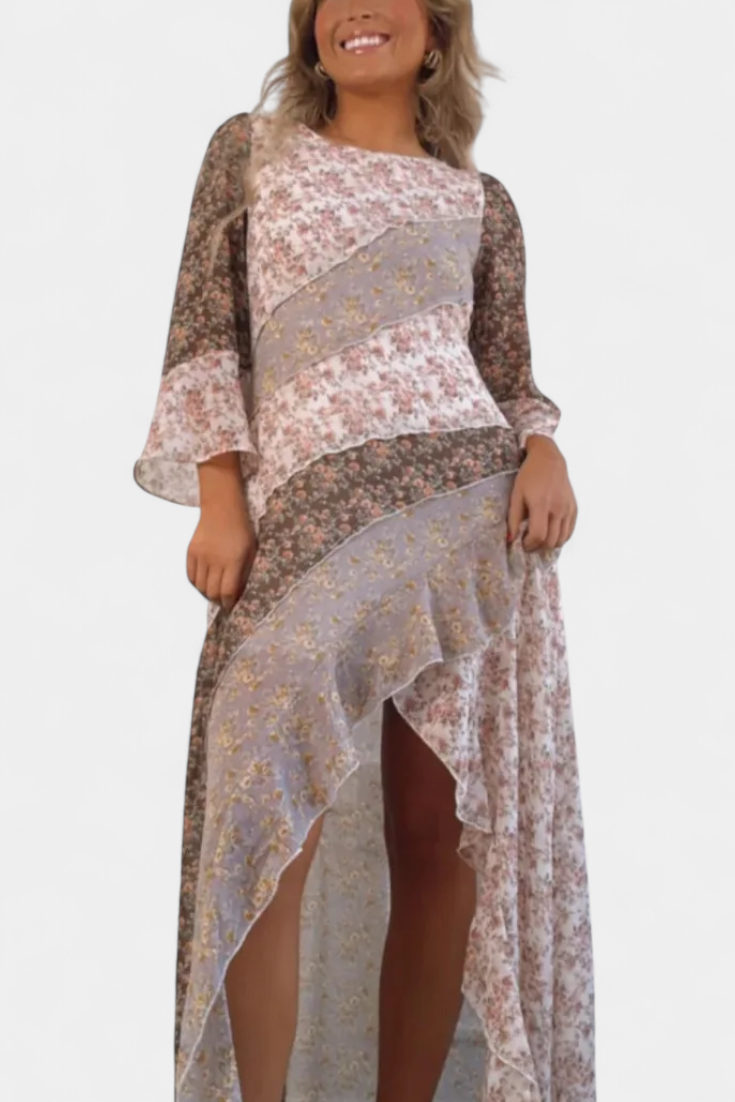 Ruth Vestido Largo Floral con Mangas 3/4 y Paneles Volantes