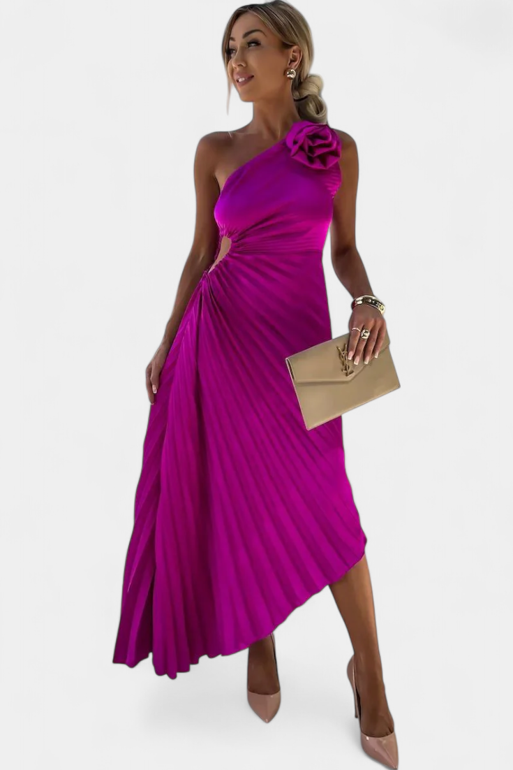 Leire Vestido de Cóctel Asimétrico con Aplique Floral y Falda Plisada