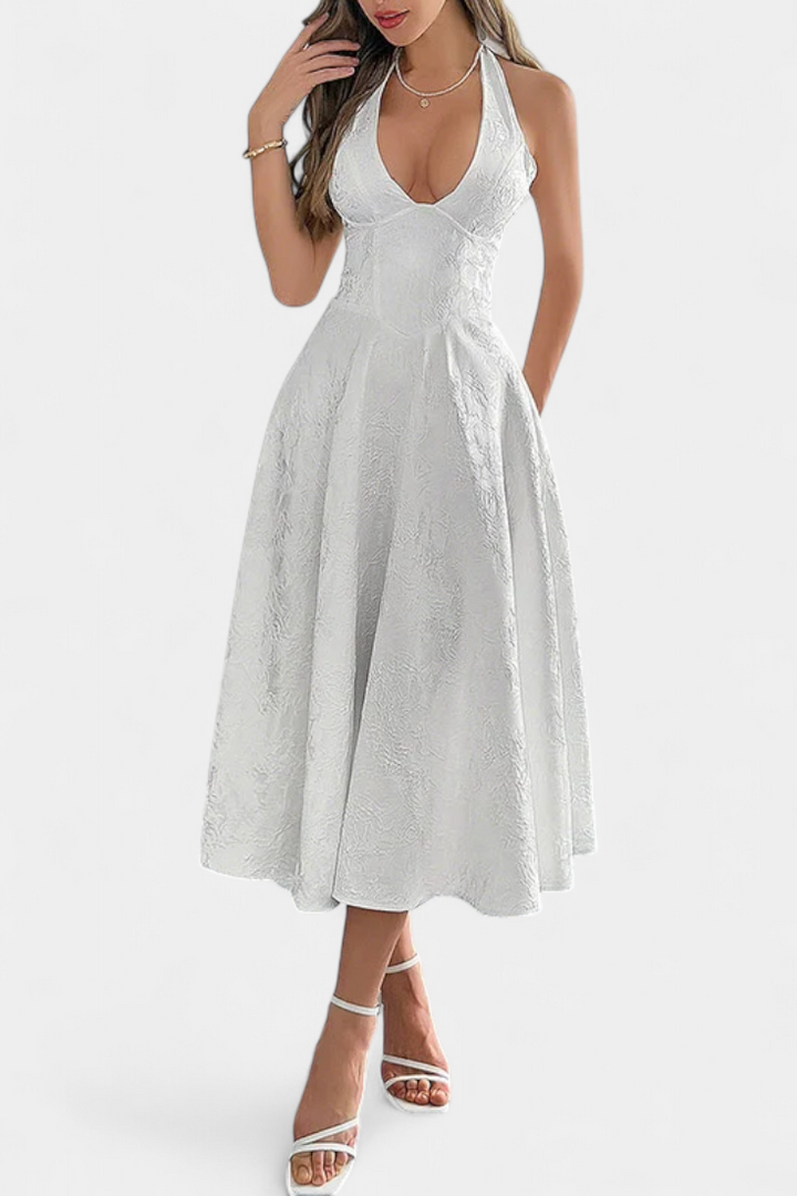 Vestido Gilda Midi Jacquard con Espalda Abierta y Cintura Alta