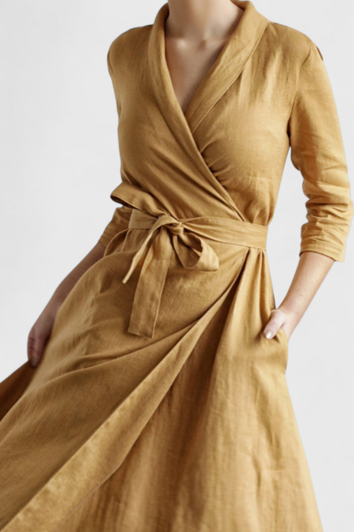 Sharon Vestido Midi Vintage de Algodón y Lino con Cuello de Solapa