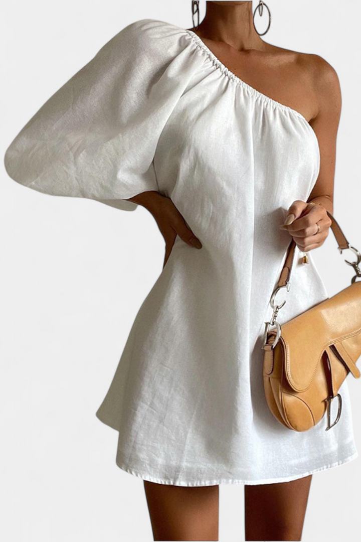 Lupe Vestido Asimétrico de Algodón y Lino con Hombro Descubierto