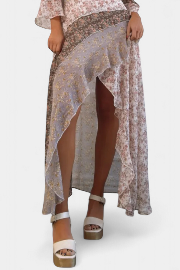 Ruth Vestido Largo Floral con Mangas 3/4 y Paneles Volantes