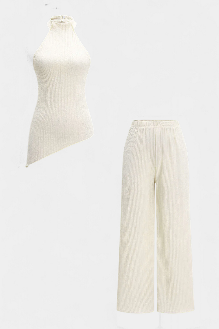 Pilarica Conjunto Plisado con Top Asimétrico Halter y Pantalón Fluido