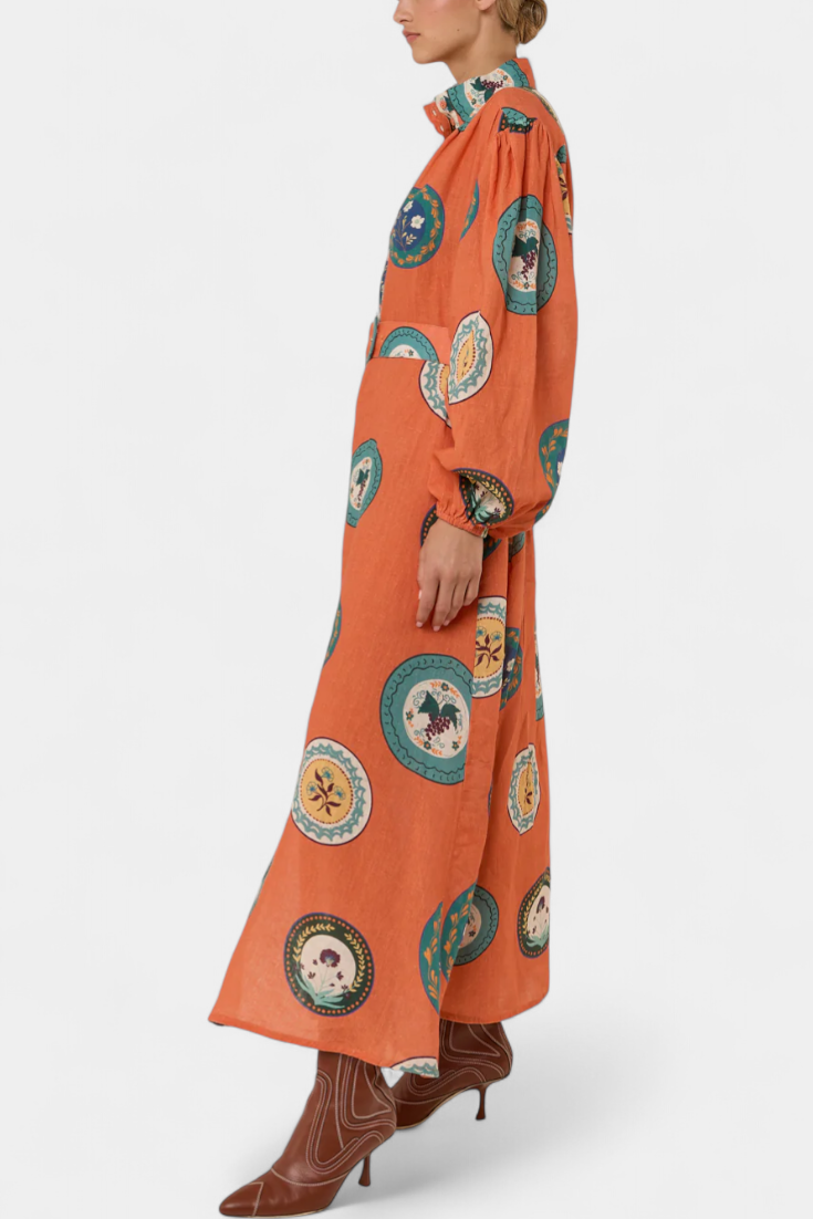 Sibley Maxi Dress de Lino con Estampado Exclusivo y Cinturón