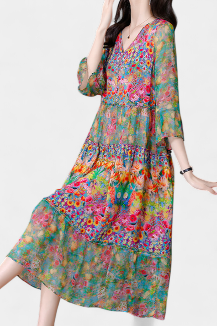Kate Vestido Midi Vaporoso con Estampado Floral Artístico