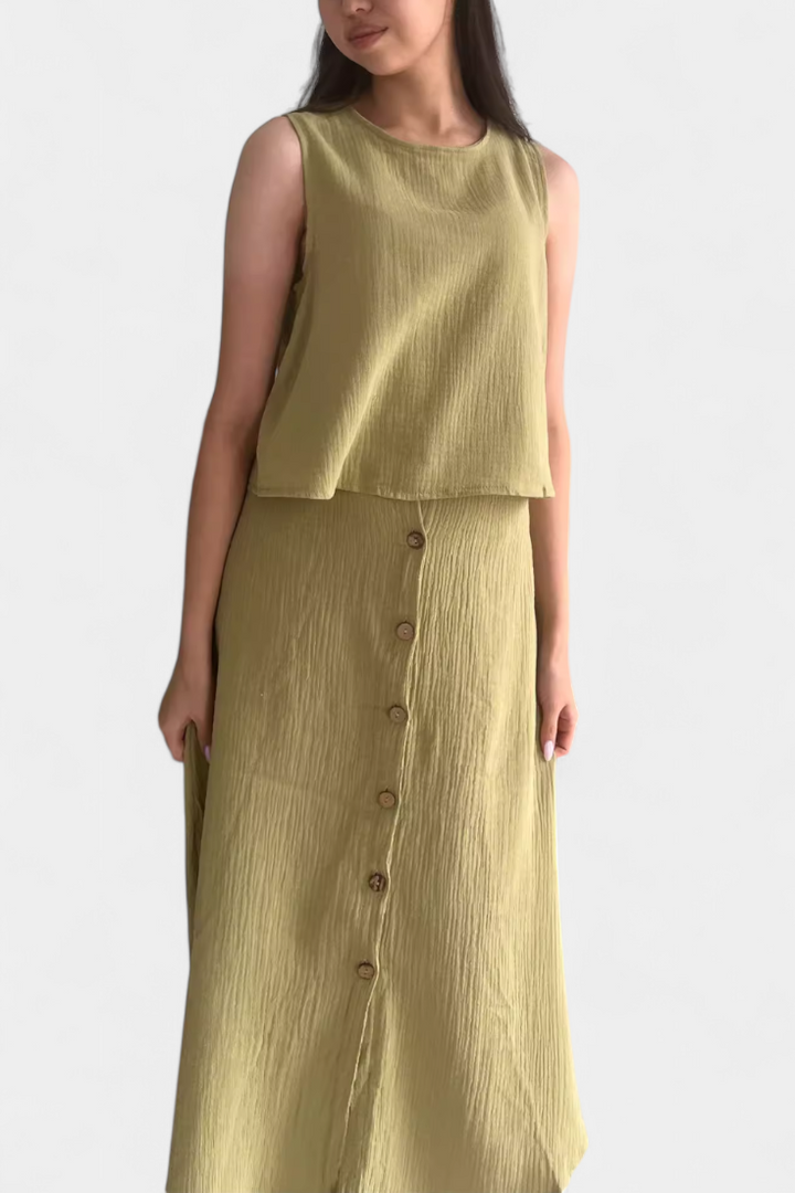 Naha Conjunto de Algodón con Chaleco y Botones Frontales