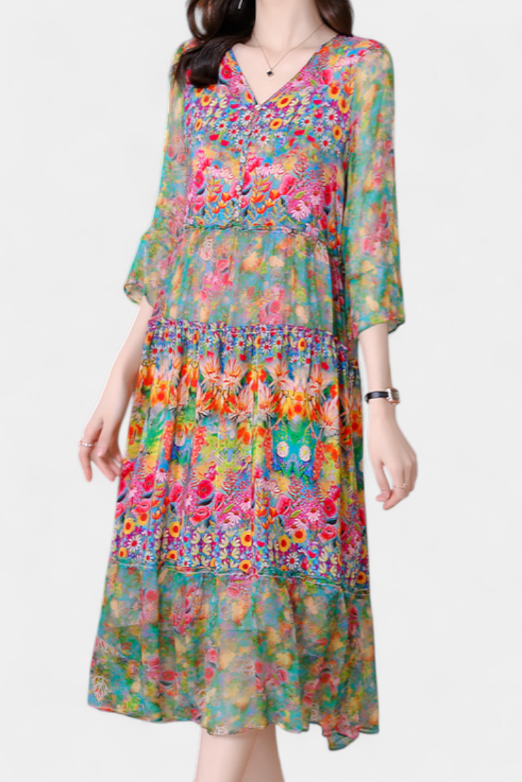 Kate Vestido Midi Vaporoso con Estampado Floral Artístico