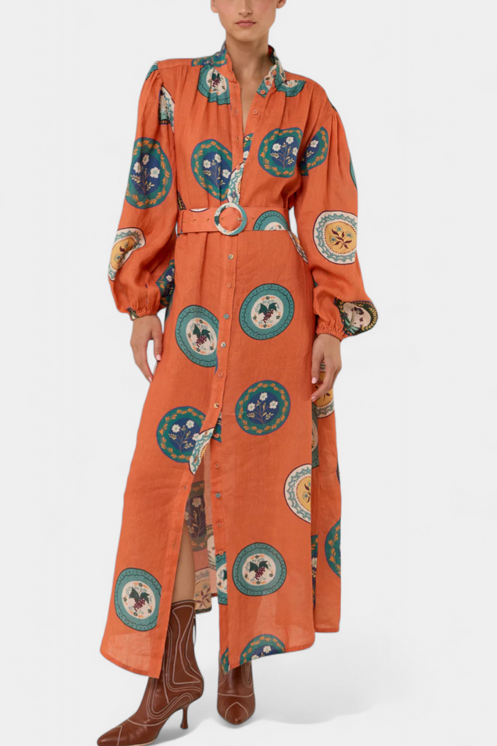 Sibley Maxi Dress de Lino con Estampado Exclusivo y Cinturón