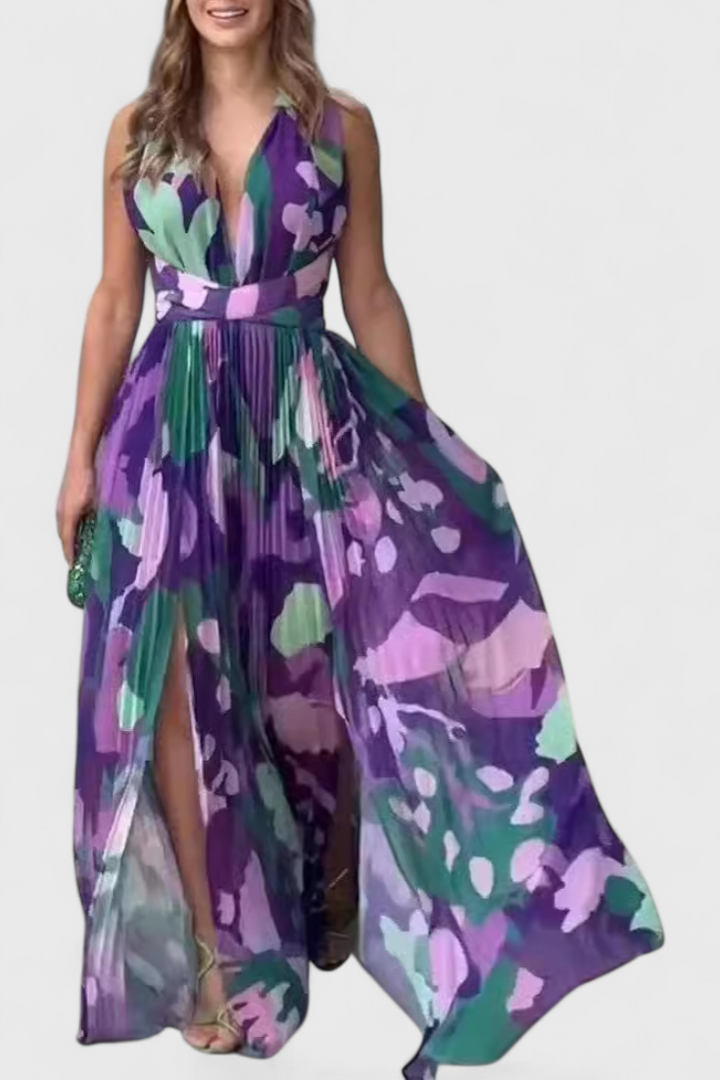 Cecil Vestido Largo Plisado con Estampado Acuarelado y Espalda Descubierta