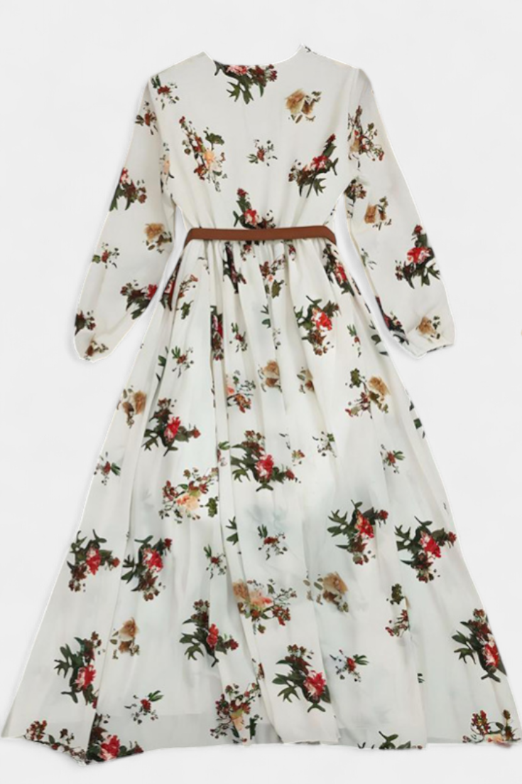 Vestido largo Amanda floral con escote en V y mangas largas