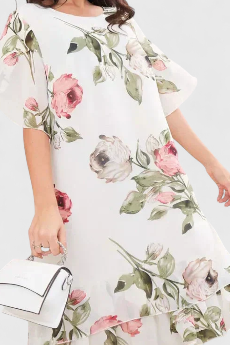 Tameka Vestido de Gasa Fluida con Pétalos y Mangas Transparentes