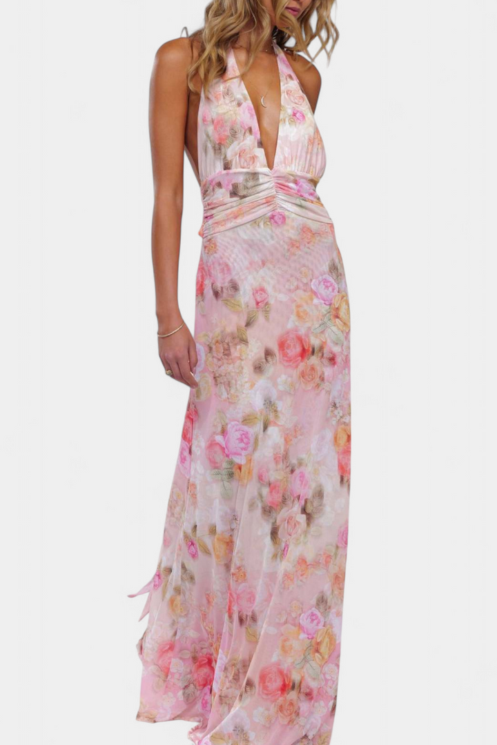 Melodía Vestido Maxi de Lunares con Escote Halter y Cintura Fruncida