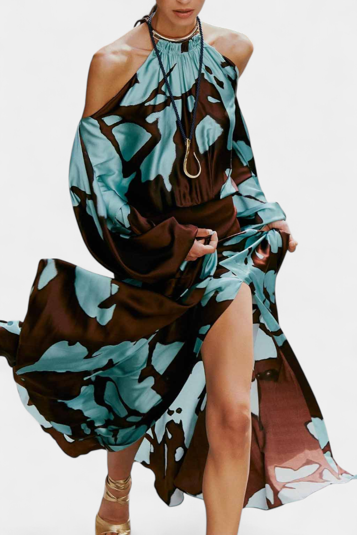 Monte Vestido Largo con Aberturas en Mangas y Estampado Abstracto