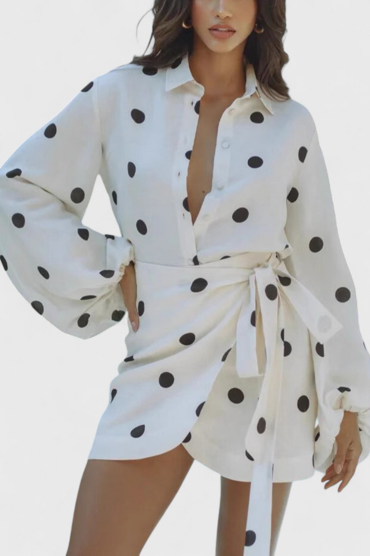 Romara Vestido Mini de Lunares con Manga Larga y Cintura Entallada